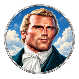 Latterday Chad&rsquo;s official illustrated avatar: a historical-style character with swept blond hair, a white cravat and a teal coat against a blue sky, in a silver ring