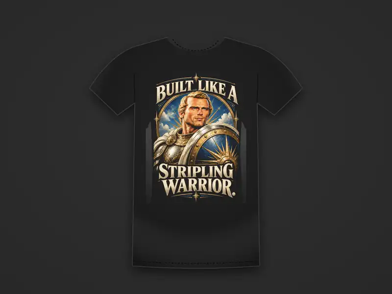 Black tee printed with a gold-armored warrior with a blue starburst shield between the words Built Like a Stripling Warrior