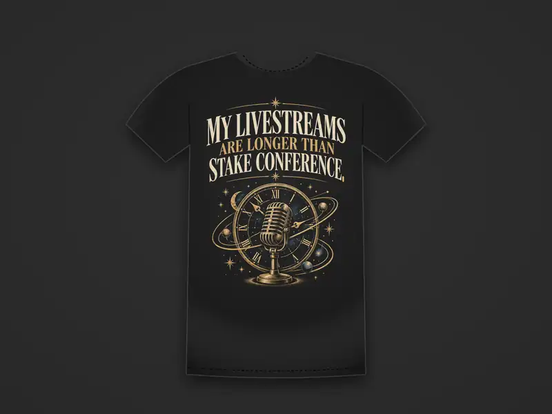 Black tee printed with a gold microphone inside an orbiting clock under the words My Livestreams Are Longer Than Stake Conference