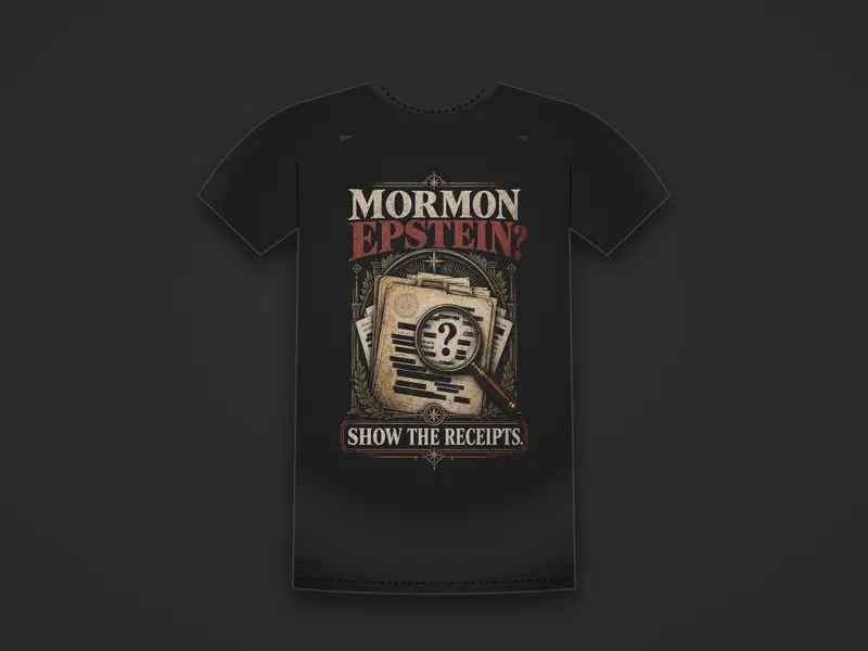 Black tee printed with redacted files under a magnifying glass between the words Mormon Epstein? Show the Receipts
