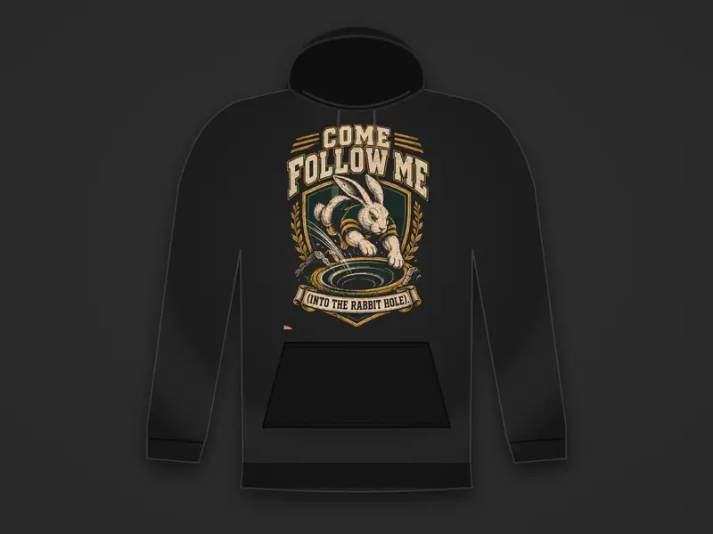 Black hoodie printed with a rabbit diving into a hole on a green shield between the words Come Follow Me (Into the Rabbit Hole)