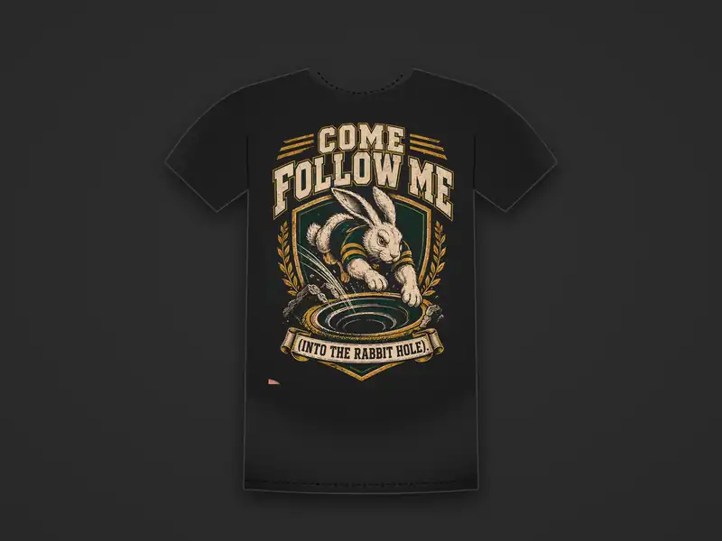 Black tee printed with a rabbit diving into a hole on a green shield between the words Come Follow Me (Into the Rabbit Hole)