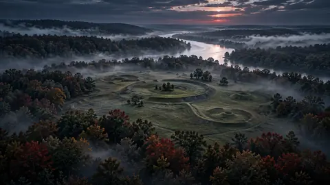 Conceptual illustration of earthen rings and embankments in a wooded landscape.