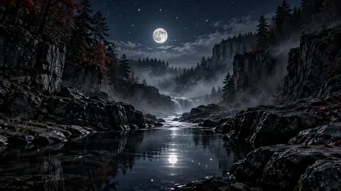 Moonlit ravine and misty stream in an atmospheric illustration.