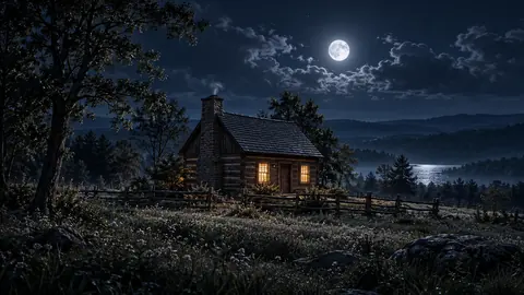 Illustration of a log farmhouse inspired by the Whitmer farm story.