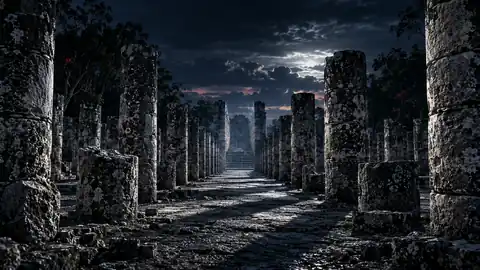 AI interpretation of weathered columns inspired by Chichén Itzá, with a subtle fictional shimmer.