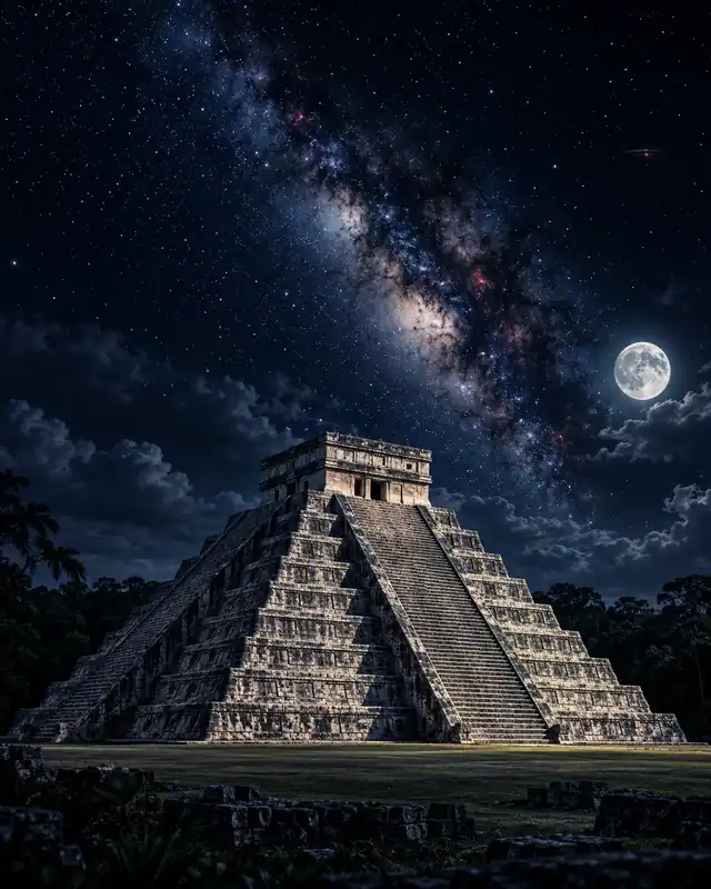 AI illustration of the Temple of Kukulkán beneath a dramatic star-filled sky.